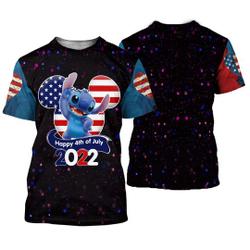 Stitch 4th of July American Flag Patterns Disney Cartoon Outfits Unisex Casual T-shirts Meaningful Gift For Family Gift For Boyfriend Valentine Gift