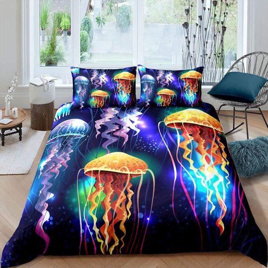 Glowing jellyfish bedding dark purple Bedding SetsGift For Your Girlfriend Boyfriend Gift For Love Gift For Friend Best Valentine Present Holiday Gift