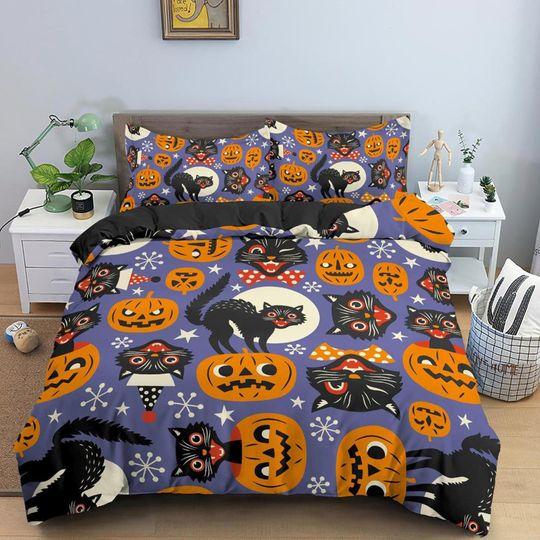 Black cat and pumpkin Halloween Bedding Set Gift For Your Girlfriend Boyfriend Gift For Love Gift For Friend Best Valentine Present Holiday Gift