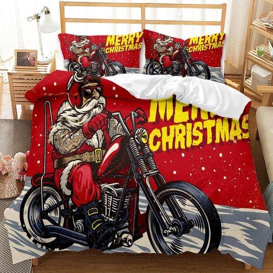 Kids Christmas Quilt Cover Queen, Lovely Santa Claus Ride Motorbike Bedding Set Gift For Your Girlfriend Boyfriend Gift For Love Gift For Friend Best Valentine Present Holiday Gift
