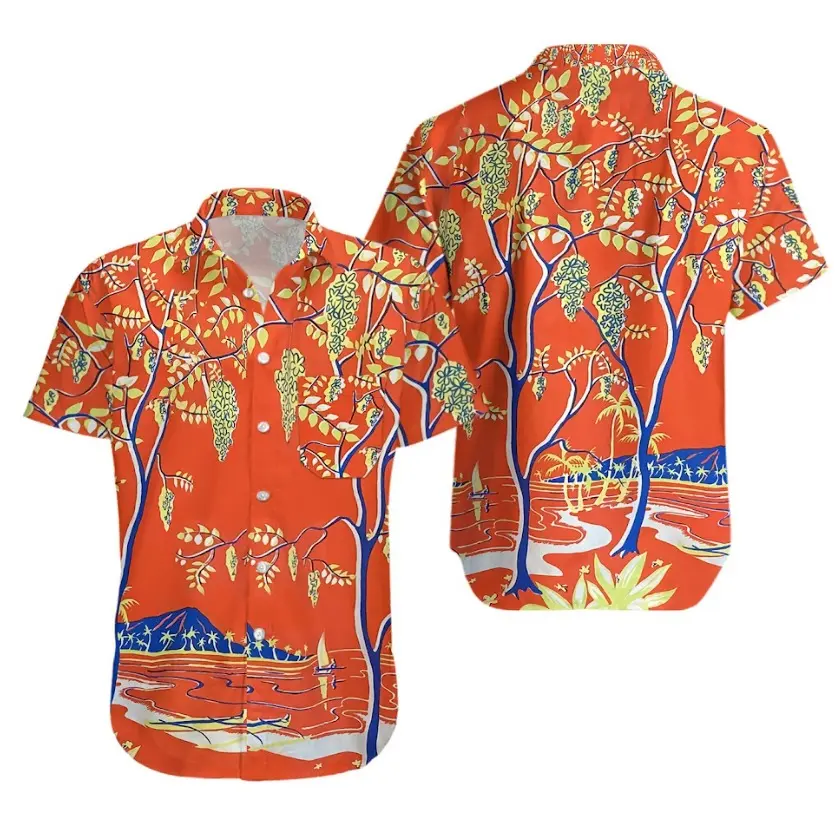 Vintage 1940s Size L Kahala Border Print Tropical Rayon Hawaiian Shirt Gift For Your Girlfriend Boyfriend Gift For Love Gift For Friend Best Valentine Present Holiday Gift