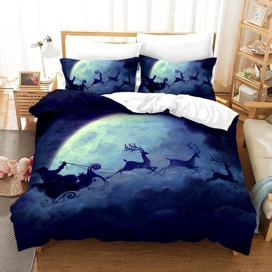 Santa Claus Deers Riding on The Moon Theme Bedding Set Gift For Your Girlfriend Boyfriend Gift For Love Gift For Friend Best Valentine Present Holiday Gift