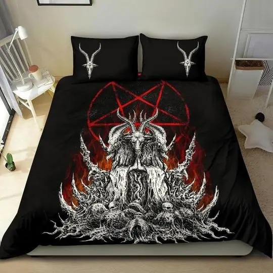 Skull Skeleton Satanic Goat Satanic Pentagram Flame Bedding Set Gift For Your Girlfriend Boyfriend Gift For Love Gift For Friend Best Valentine Present Holiday Gift