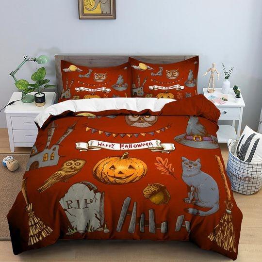 Pumpkin and black cat retro halloween bedding Set Gift For Your Girlfriend Boyfriend Gift For Love Gift For Friend Best Valentine Present Holiday Gift