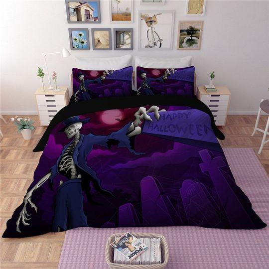 A Grave skeleton Halloween Duvet Quilt Set, Halloween Bedding Set Gift For Your Girlfriend Boyfriend Gift For Love Gift For Friend Best Valentine Present Holiday Gift