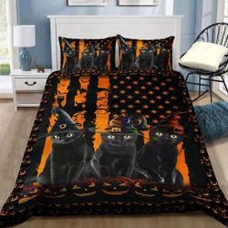 Black Cat Halloween with American Flag Bedding Set, Animal Halloween Quilt Set Gift For Your Girlfriend Boyfriend Gift For Love Gift For Friend Best Valentine Present Holiday Gift
