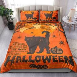 Black Cat with ghost and spider Halloween Bedding Set, Halloween Bedding Set Gift For Your Girlfriend Boyfriend Gift For Love Gift For Friend Best Valentine Present Holiday Gift