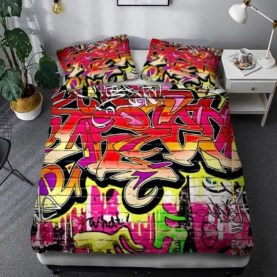 Youth Duvet Cover Graffiti Bedding Set for Kids Boys Girls, Halloween Bedding Set Gift For Your Girlfriend Boyfriend Gift For Love Gift For Friend Best Valentine Present Holiday Gift