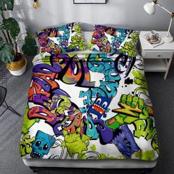 3Pcs Graffiti Duvet Cover Set Twin Size Teens Boys Kids Hip Hop Theme, Halloween Bedding Set Gift For Your Girlfriend Boyfriend Gift For Love Gift For Friend Best Valentine Present Holiday Gift