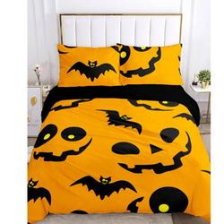 Halloween Jack O' Lantern & Bats Duvet Quilt Cover with 2 Pillow Sham Cases - Queen Size - 3 Piece Set Gift For Your
