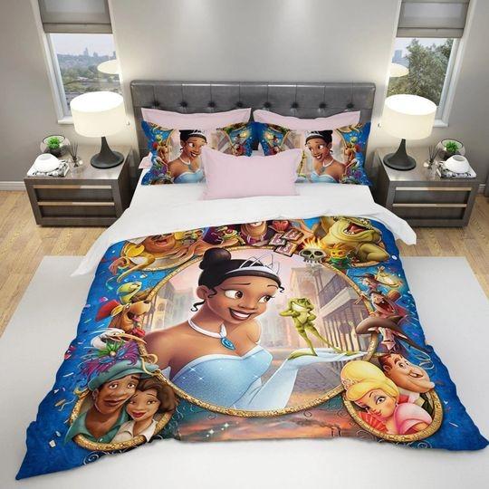 Tiana Princess & Friends Blue Yellow Collage Bedding Set Gift For Your Girlfriend Boyfriend Gift For Love Gift For Friend Best Valentine Present Holiday Gift