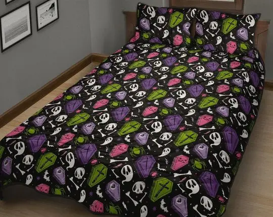 Halloween Quilted Blanket Bed Set, Halloween Quilt, Halloween Bedding, Spooky Quilted Bed Set, Halloween Bedding, Pastel Goth Bedding