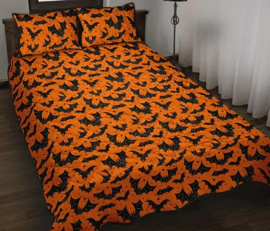 Batty Bats Quilted Blanket Set, Halloween Quilt, Halloween Bedding, Spooky Quilted Bed Set, Gothic Bedding, Bat Quilted Bedding
