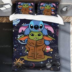 Stitch Baby Yoda Bedding Set And Two Pillow Case, Baby Yoda Bedding, Stitch Bedding, Stitch Lover, Gifts For Her, Mother Gift
