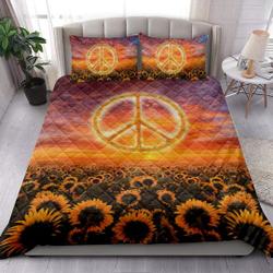 Hippie Peace Sign Yellow Sunflower Sunset Sky Floral Quilt Bedding Set Gift For Your Girlfriend Boyfriend Gift For Love Gift For Friend Best Valentine Present Holiday Gift