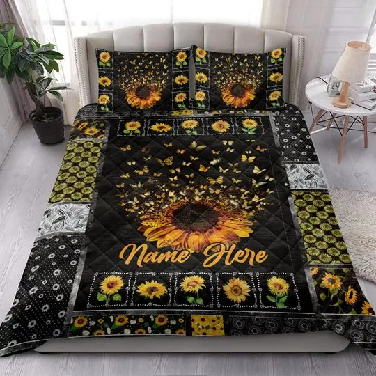 Custom Butterfly Sunflower Patchwork Pattern Personalized Name Quilt Bedding Set Gift For Your Girlfriend Boyfriend Gift For Love Gift For Friend Best Valentine Present Holiday Gift