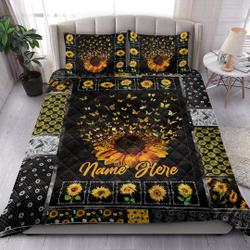Custom Butterfly Sunflower Patchwork Pattern Personalized Name Quilt Bedding Set Gift For Your Girlfriend Boyfriend Gift For Love Gift For Friend Best Valentine Present Holiday Gift