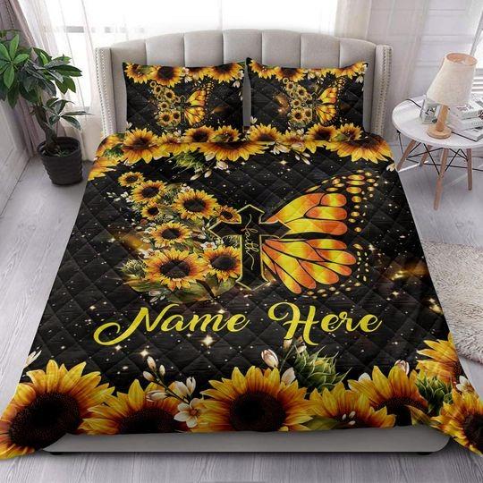Custom Faith Jesus Christ Butterfly Sunflower Christian Personalized Name Bedding Set Gift For Your Girlfriend Boyfriend Gift For Love Gift For Friend Best Valentine Present Holiday Gift