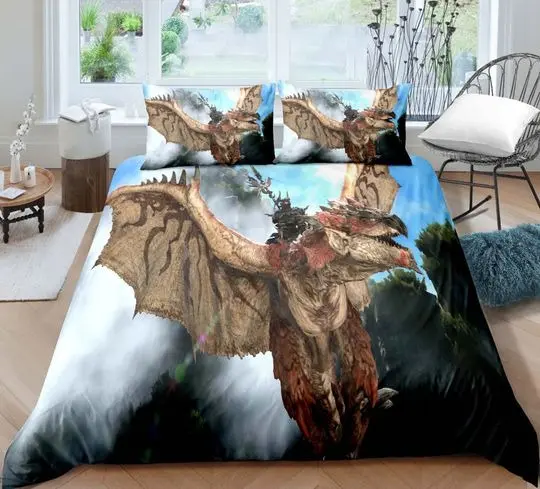 Duvet Cover Set, Illustration of Breathing Dragon Large Monster Gothic ThemeGift For Your Girlfriend Boyfriend Gift For Love Gift For Friend Best Valentine Present Holiday Gift
