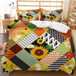3D Sunflower Comforter Set King,Geometric Floral Plaid Theme, Quilt Bedding SetsGift For Your Girlfriend Boyfriend Gift For Love Gift For Friend Best Valentine Present Holiday Gift