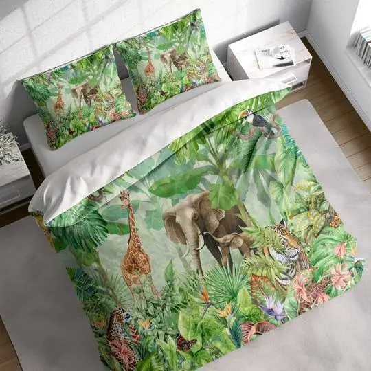 Jungle Animals Duvet Cover Set, Giraffe Elephant Tiger Bedding Set Gift For Your Girlfriend Boyfriend Gift For Love Gift For Friend Best Valentine Present Holiday Gift