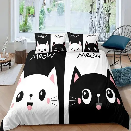 Cute Couple Cat Bedding Black and White, Toddler Bedding Set Gift For Your Girlfriend Boyfriend Gift For Love Gift For Friend Best Valentine Present Holiday Gift