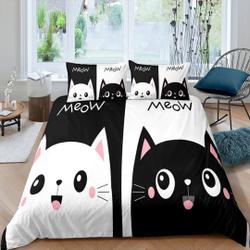 Cute Couple Cat Bedding Black and White, Toddler Bedding Set Gift For Your Girlfriend Boyfriend Gift For Love Gift For Friend Best Valentine Present Holiday Gift