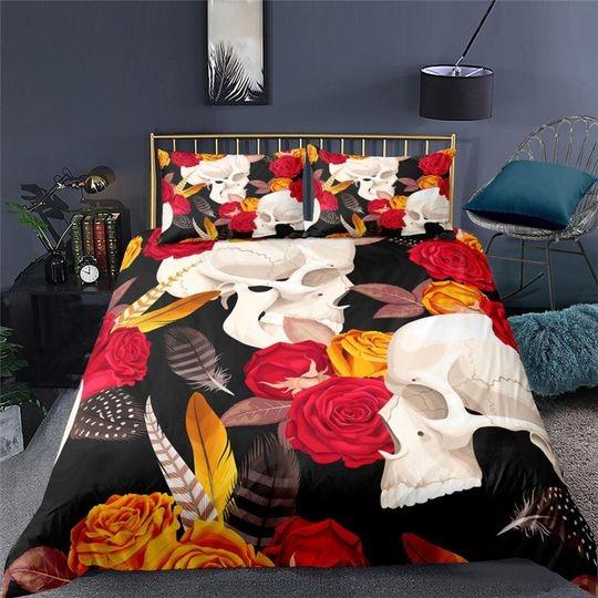 Halloween Bedding Skull and Roses Black Duvet Cover Set Gothic BedspreadGift For Your Girlfriend Boyfriend Gift For Love Gift For Friend Best Valentine Present Holiday Gift