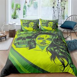 Halloween Bedding Gangster Skull Green Duvet Cover Set BedspreadGift For Your Girlfriend Boyfriend Gift For Love Gift For Friend Best Valentine Present Holiday Gift