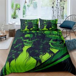 Halloween Bedding Gangster Skull Green Duvet Cover Set BedspreadGift For Your Girlfriend Boyfriend Gift For Love Gift For Friend Best Valentine Present Holiday Gift