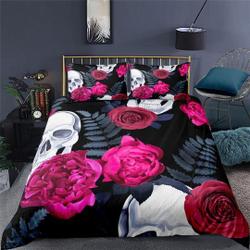 Halloween Bedding Skull and Roses Black Duvet Cover Set Gothic BedspreadGift For Your Girlfriend Boyfriend Gift For Love Gift For Friend Best Valentine Present Holiday Gift
