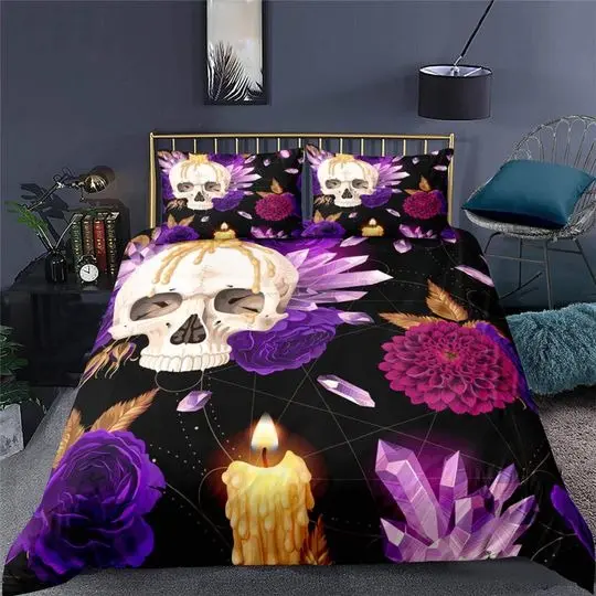 Halloween Bedding Skull and Roses Black Duvet Cover Set Gift For Your Girlfriend Boyfriend Gift For Love Gift For Friend Best Valentine Present Holiday Gift