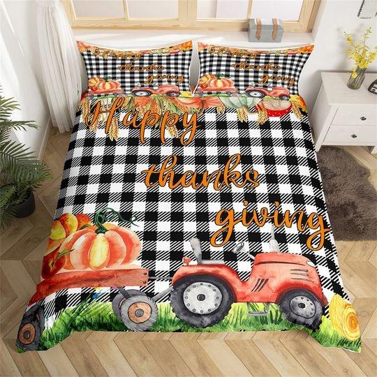 Pumpkin Tractor Handmade Duvet Cover, Thanksgiving Watercolor Farmhouse Bedding Set Gift For Your Girlfriend Boyfriend Gift For Love Gift For Friend Best Valentine Present Holiday Gift