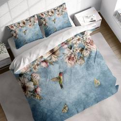 Hummingbird Flower Garden Painting Duvet Cover Set, Blue Green Floral Branch Cotton Quilt CoverGift For Your Girlfriend Boyfriend Gift For Love Gift For Friend Best Valentine Present Holiday Gift