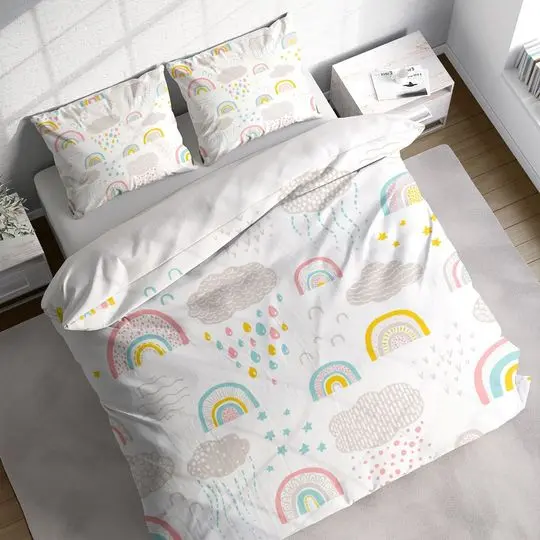 Sky Clouds Rainbow Duvet Cover Set with Pillowcases, Creamy Kids Cartoon 3D QuiltGift For Your Girlfriend Boyfriend Gift For Love Gift For Friend Best Valentine Present Holiday Gift