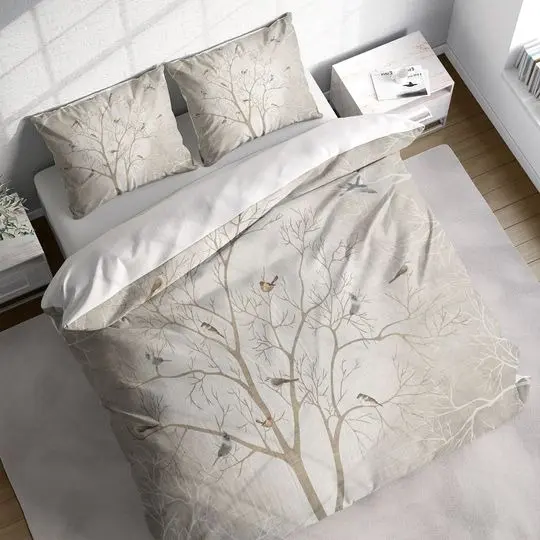 Birds Tree Branches Painting Duvet Cover Set, Grey Beige Nature Comforter Cover, Botanical Bedding Set Gift For Your Girlfriend Boyfriend