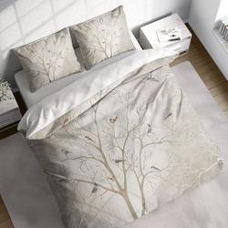 Birds Tree Branches Painting Duvet Cover Set, Grey Beige Nature Comforter Cover, Botanical Bedding Set Gift For Your Girlfriend Boyfriend