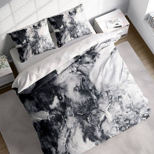 Black and White Marble Texture Duvet Cover Set, Monochrome Quilt Cover, Polyester Cotton Bedding Set Gift For Your Girlfriend Boyfriend Gift