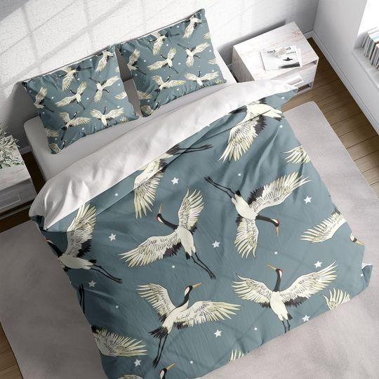 Japanese Cranes Stars Blue Duvet Cover Set, Birds Quilt Cover Bedding Set PillowcasesGift For Your Girlfriend Boyfriend Gift For Love Gift For Friend Best Valentine Present Holiday Gift