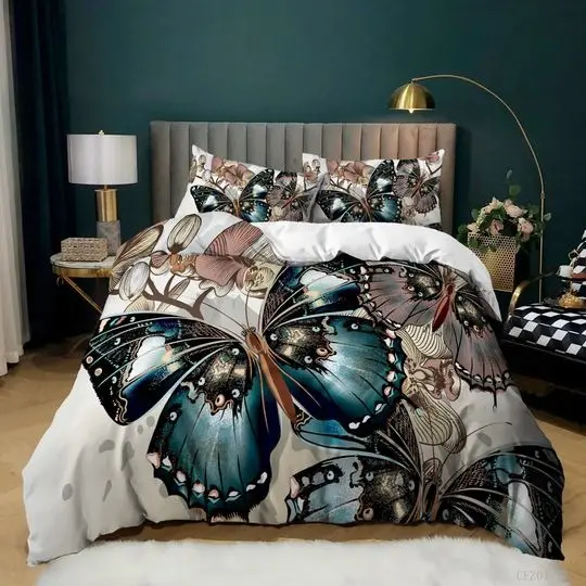 Butterfly Duvet Cover Bed Set Watercolor Butterfly Quilt Cover Vintage Bedding Set 3D Butterflies White Bedding