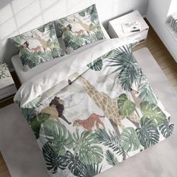 Lion Giraffe Tropical Leaves Duvet Cover Set, Green Botanical Animals Quilt Cover, Nature Cotton Bedding Gift For Your Girlfriend Boyfriend Gift For Love
