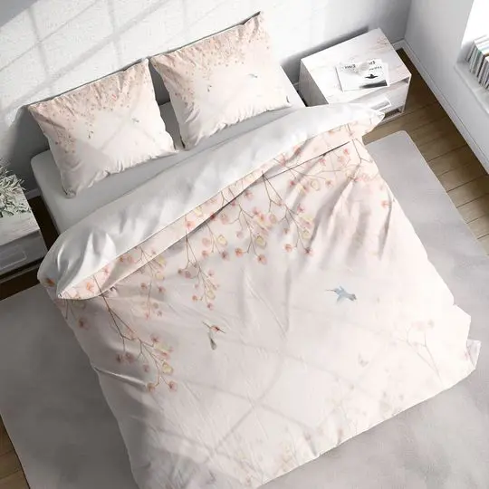 Creamy Pink Cherry Blossom Duvet Cover Set, Birds Floral Quilt Cover, Botanical Nature Painting Bedding