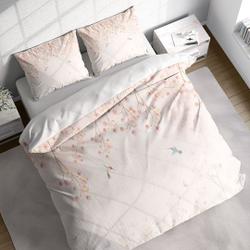 Creamy Pink Cherry Blossom Duvet Cover Set, Birds Floral Quilt Cover, Botanical Nature Painting Bedding