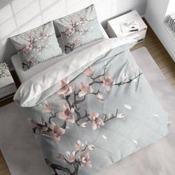 Magnolia Flower Branches Duvet Cover Set, Grey Pink Botanical Comforter Cover, Nature BeddingGift For Your Girlfriend Boyfriend Gift For Love Gift For Friend Best Valentine Present Holiday Gift