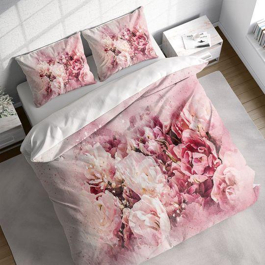 Watercolor Flower Painting Duvet Cover Set Pillowcases, Pink Floral 3D Printed Quilt CoverGift For Your Girlfriend Boyfriend Gift For Love Gift For Friend Best Valentine Present Holiday Gift