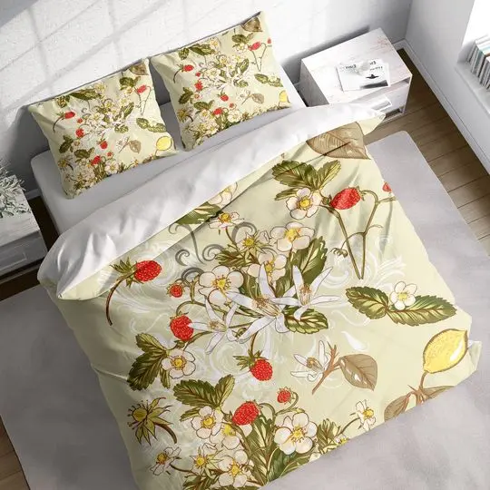 Strawberry Lemon White Flower Duvet Cover Set, Botanical Quilt Cover Bedding Set PillowcasesGift For Your Girlfriend Boyfriend Gift For Love Gift For Friend Best Valentine Present Holiday Gift