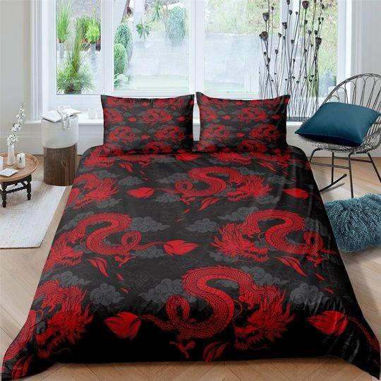 Queen Bedding Set Breathable Soft Microfiber 3 Pieces 3D Print Dragon Duvet Cover Bed Set Gift For Your Girlfriend Boyfriend Gift For Love Gift For Friend Best Valentine Present Holiday Gift