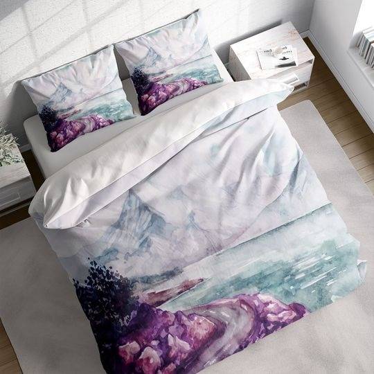 Watercolor River Snow Mountain Duvet Cover Set, Landscape Quilt Cover Bedding Set PillowcasesGift For Your Girlfriend Boyfriend Gift For Love Gift For Friend Best Valentine Present Holiday Gift