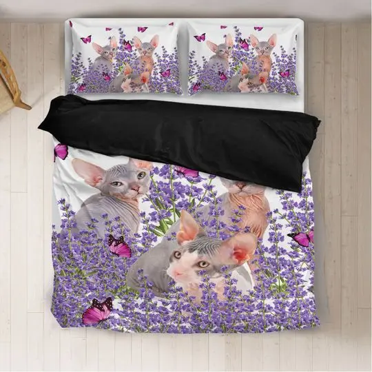 Sphynx Cat Bedding Set Purple Flower, Hairless Cat Bed Set Gift For Your Girlfriend Boyfriend Gift For Love Gift For Friend Best Valentine Present Holiday Gift