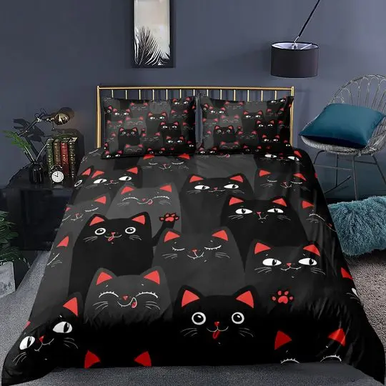 Cat Duvet Cover Set, Cartoon Kittens Funny Smiling Glasses Scarfs Bedding Set Gift For Your Girlfriend Boyfriend Gift For Love Gift For Friend Best Valentine Present Holiday Gift